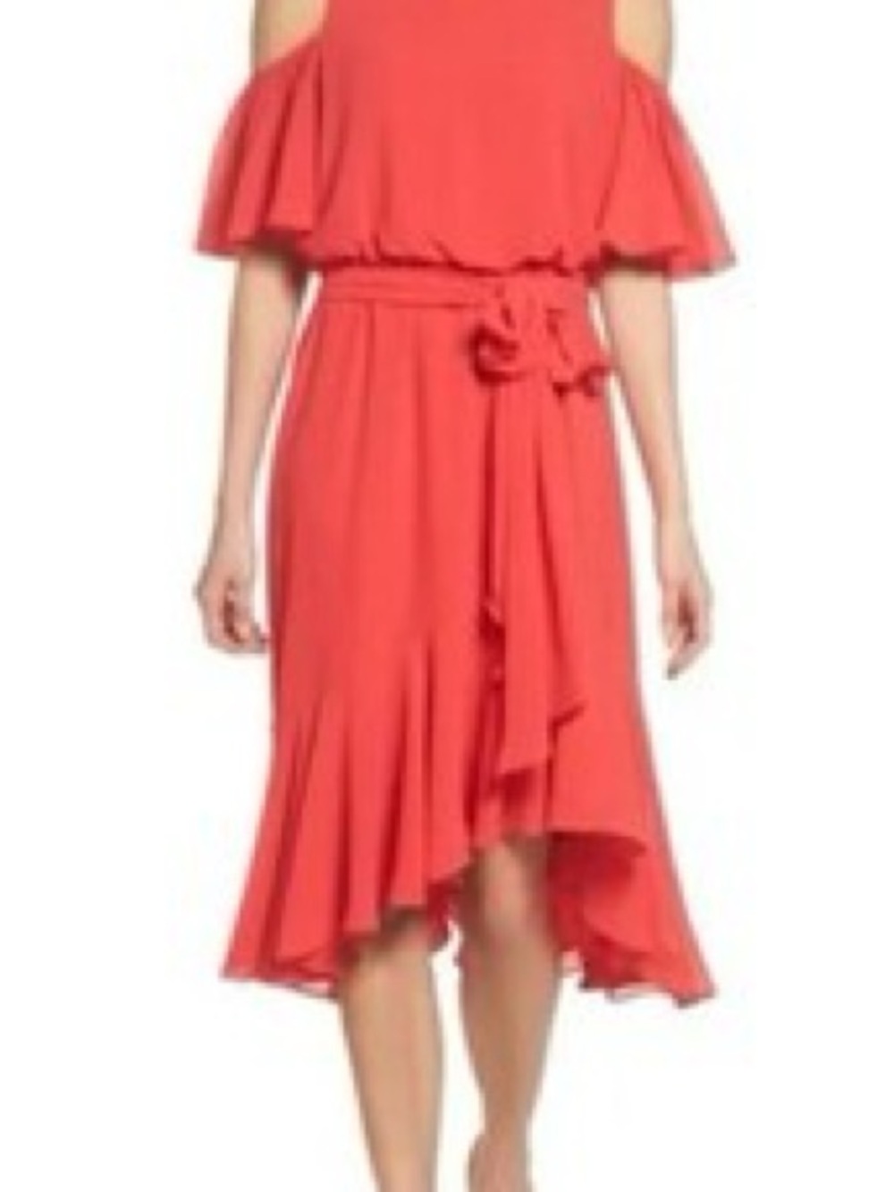 Eliza J Coral Cold-Shoulder High-Low Midi Dress